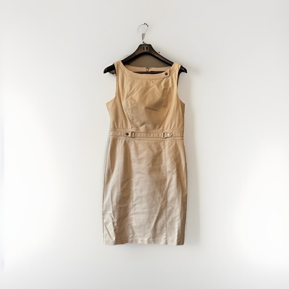White House Black Market Dress Womens 12 Beige Sleeveless Office Career Safari